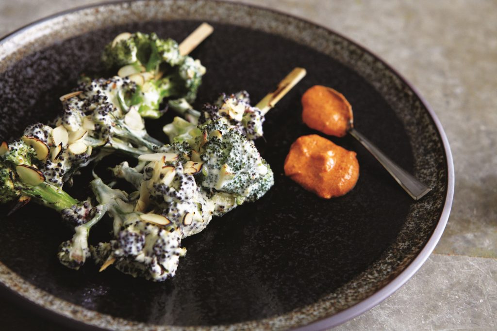 February CharGrilled Broccoli Florets with Rose Petals and Almonds