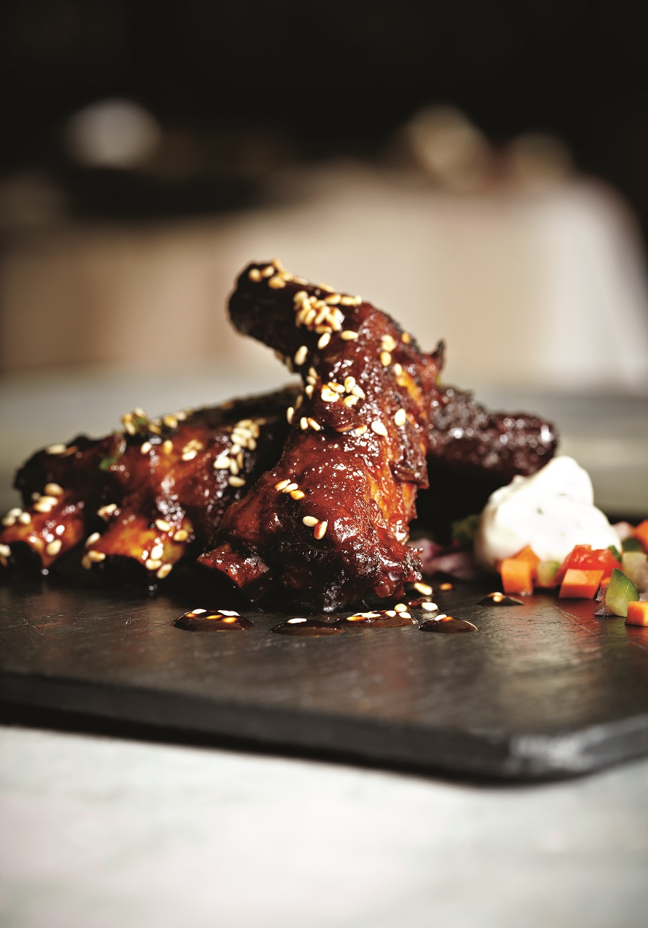 Charred pork ribs with hot and sweet glaze